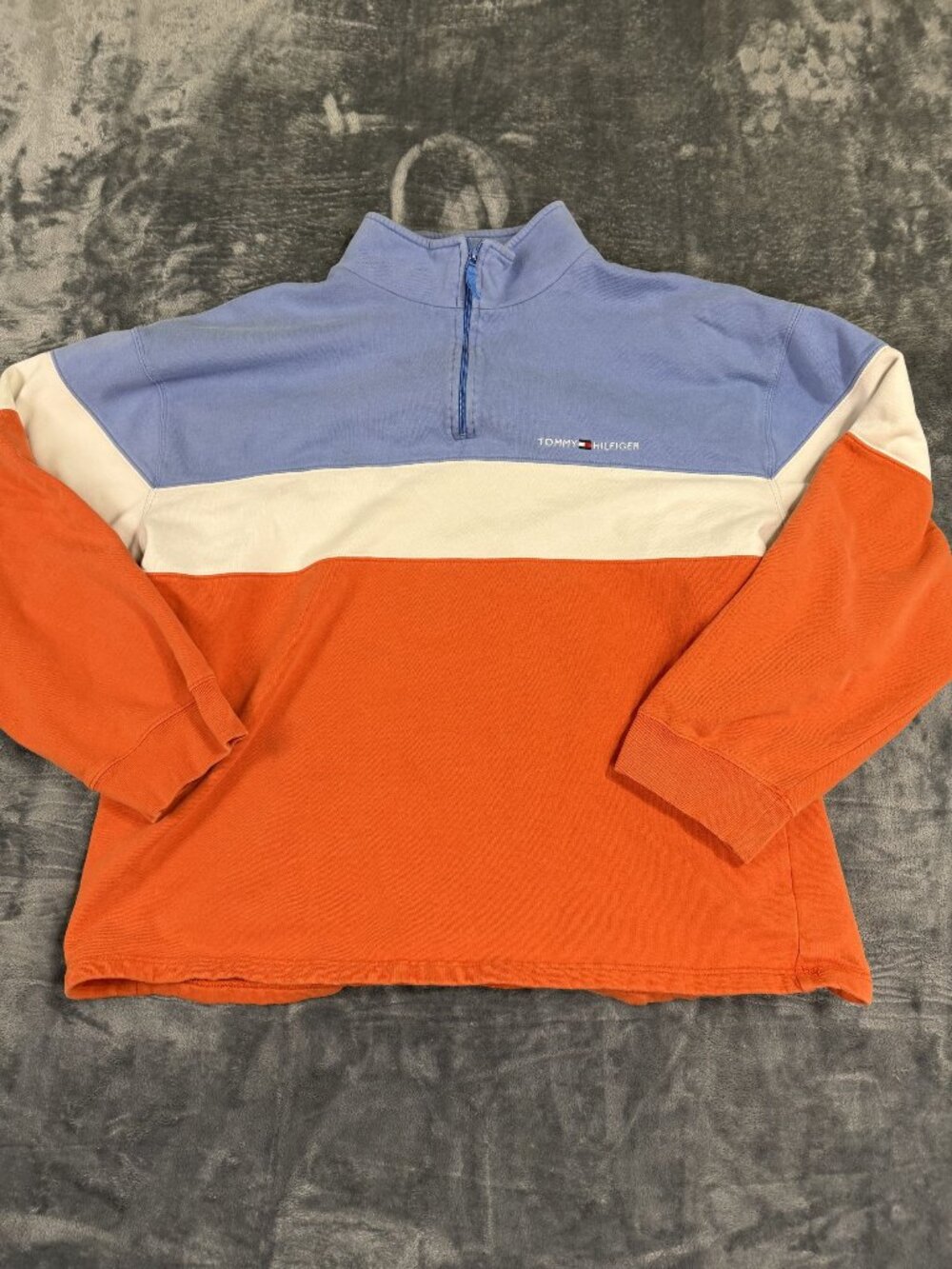 Tommy Hilfiger Mens Pullover Sweatshirt XXL Colorblock Quarter-Zip Blue/Orange